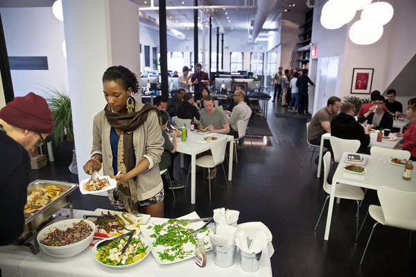 Lunch is served at the SoHo office of Squarespace four days a week. Making employees comfortable pays off in the long run, many small tech companies say.