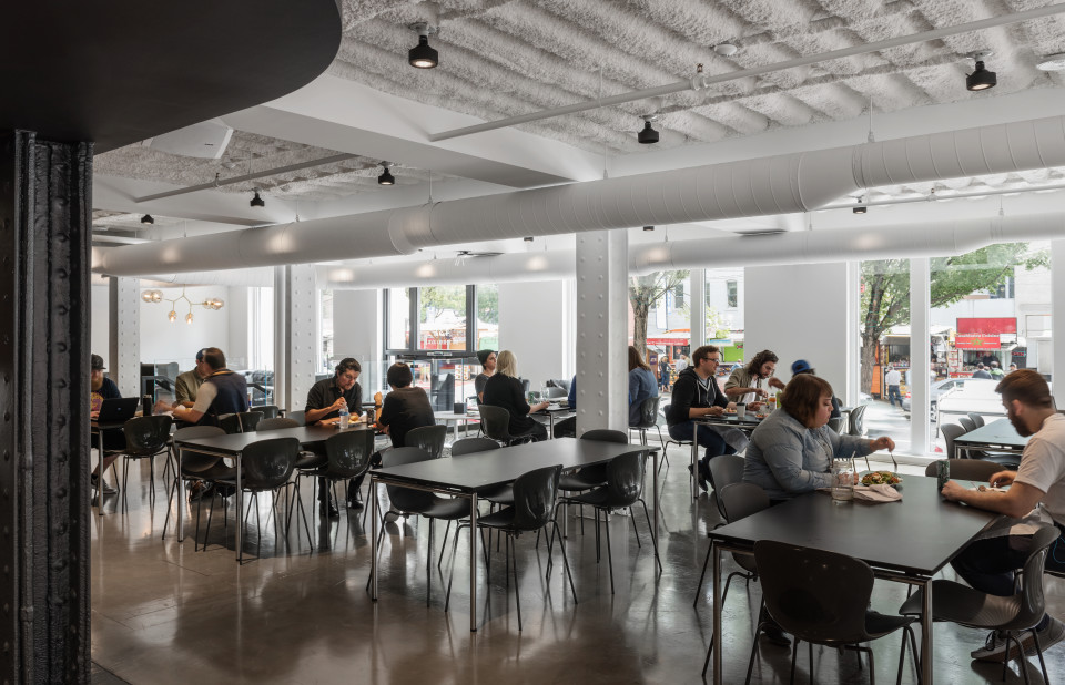 This modern first-floor dining area is the opposite of the typical characterless corporate cafeteria.