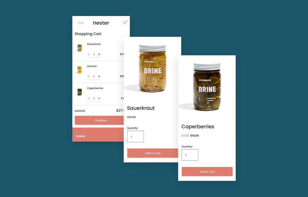 Capturas de pantalla de una tienda online en diseño para dispositivos móviles que muestra un carrito de compra, un frasco de chucrut y un frasco de alcaparras sobre un fondo azul oscuro y verde