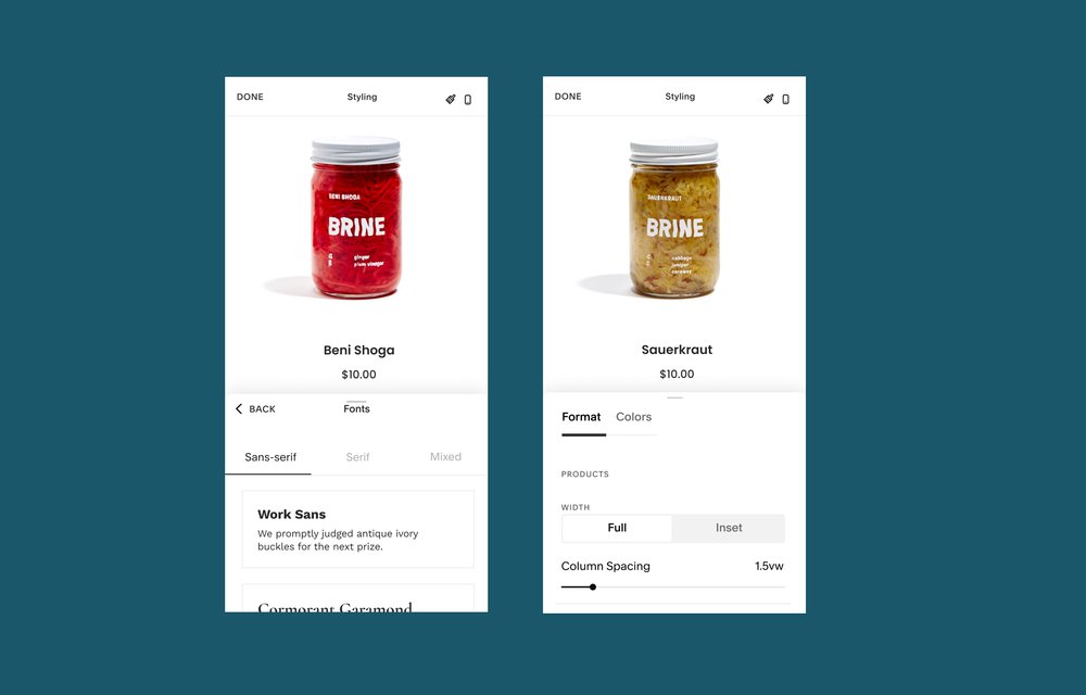 Dos capturas de pantalla en dispositivos móviles, lado a lado, que muestran las opciones de estilo para una página del producto que vende un frasco de Beni Shoga y otra que vende chucrut, sobre un fondo oscuro azul y verde