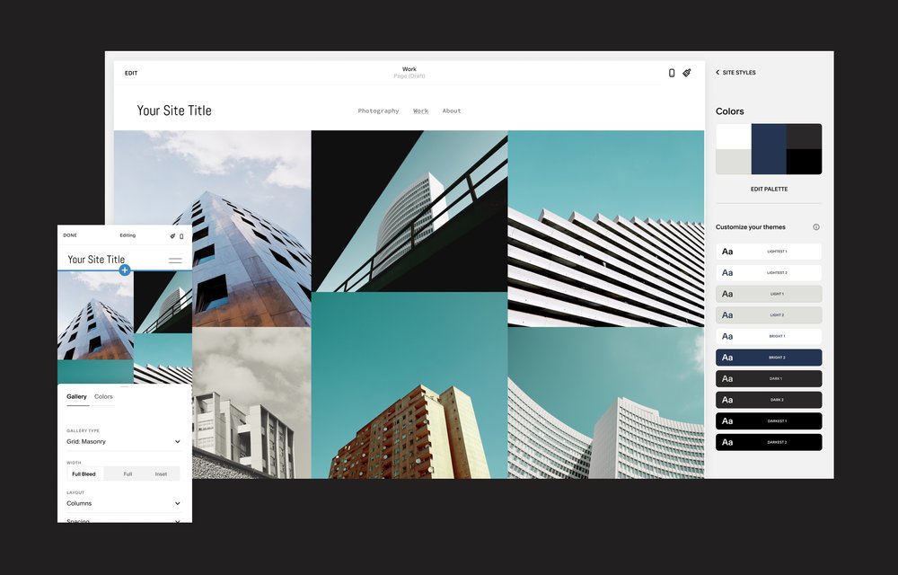 ejemplo de un sitio web de fotografía de arquitectura usando el editor de estilo de Squarespace